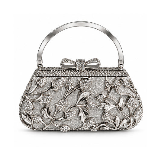 Silver Crystal Floral Evening Clutch detail view