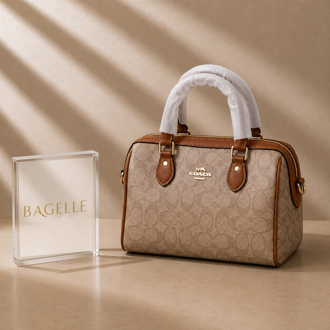 Duffle Monogram Satchel Bag – Beige with Cognac Trim front view