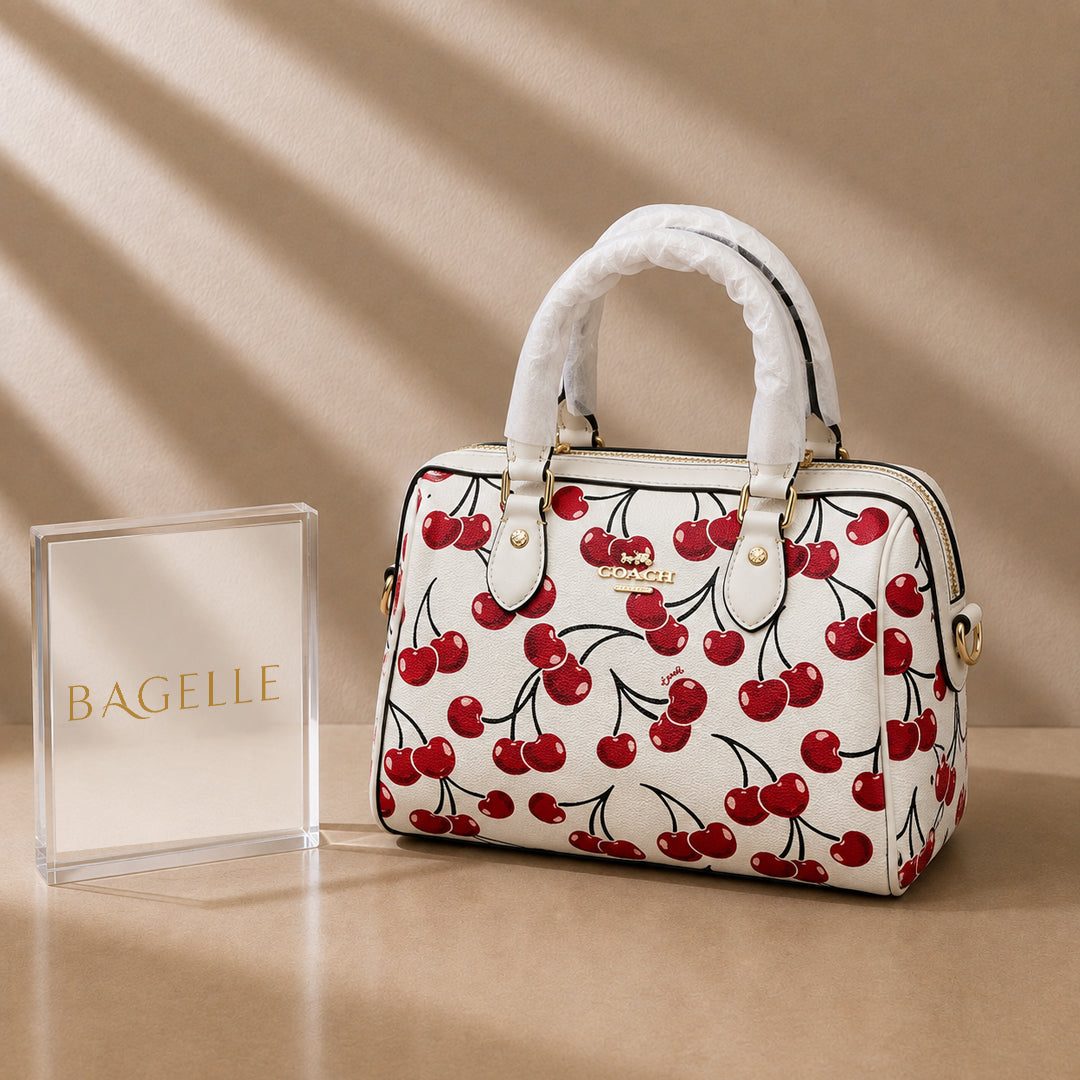 Duffle Monogram Satchel Bag – White Cherry Print front view