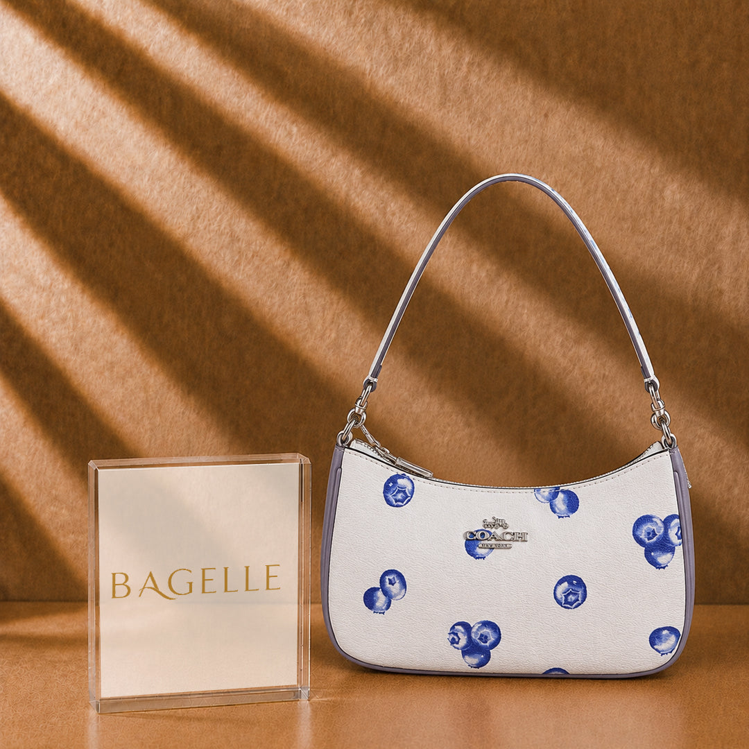 Teri Premium Printed Shoulder Bag – White Blueberries front view