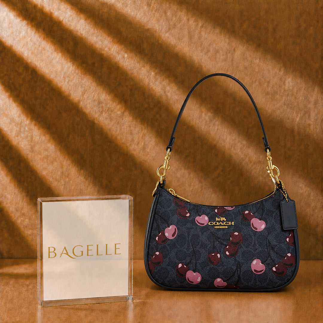 Teri Premium Printed Shoulder Bag – Blue Cherry Print front view