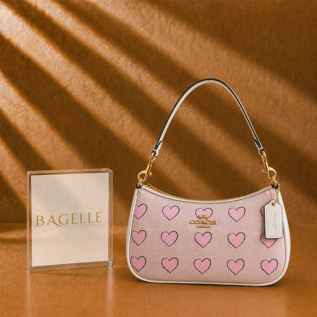 Teri Premium Printed Shoulder Bag – Beige with Baby Pink Hearts front view