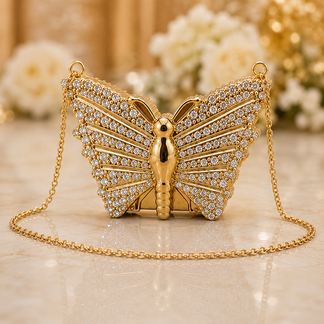 Crystal Butterfly Mini Acrylic Clutch – Gold front view