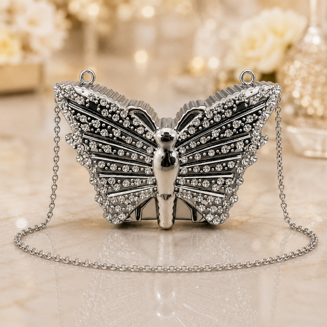 Crystal Butterfly Mini Acrylic Clutch – Silver front view
