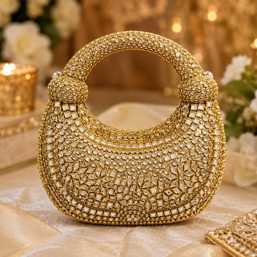Royal Orbit Kundan Clutch – Gold front view