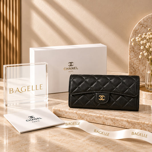 Chanel Classic Quilted Long Flap Wallet Black front view