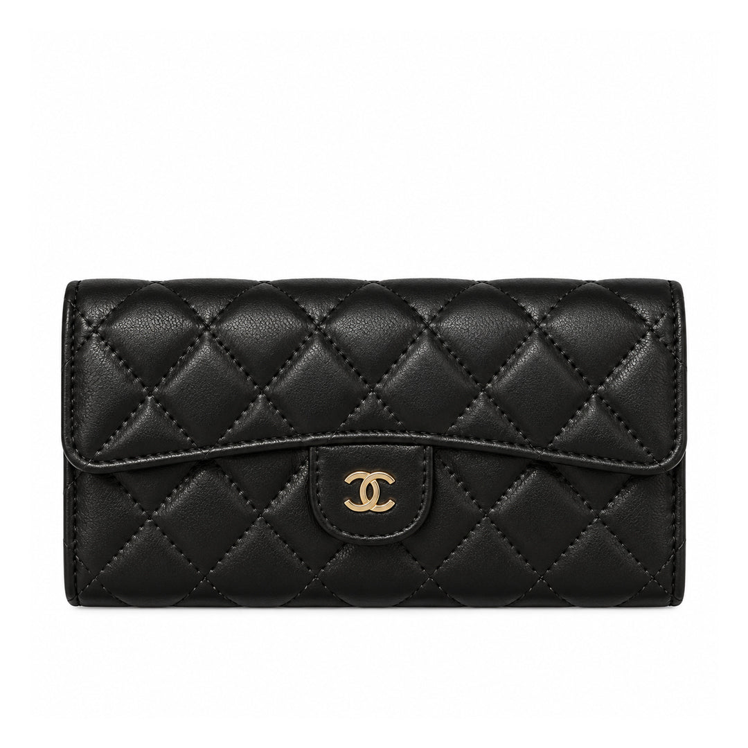 Chanel Classic Quilted Long Flap Wallet Black detail view