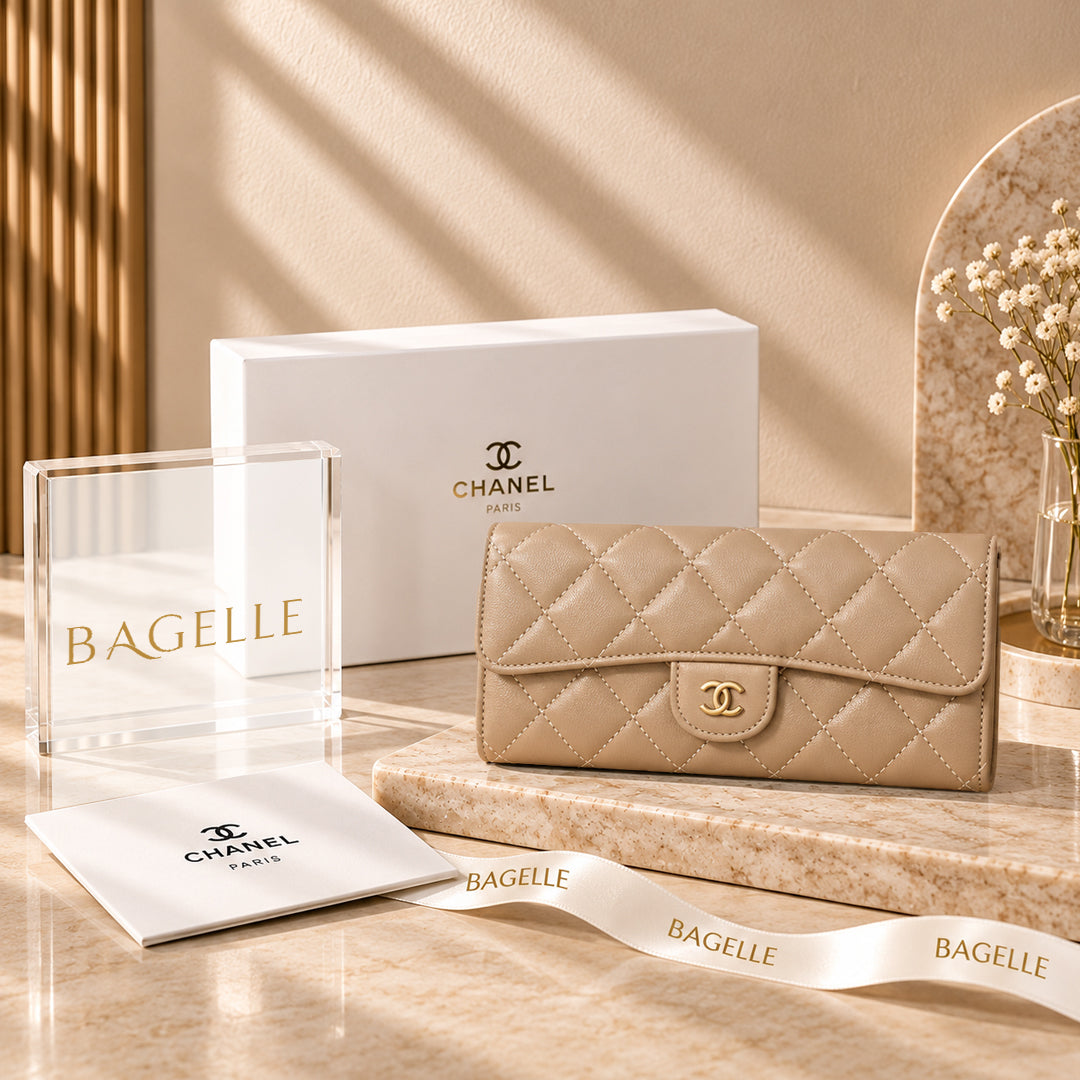 Chanel Classic Quilted Long Flap Wallet Beige front view