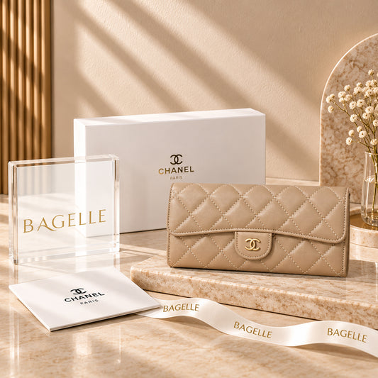 Chanel Classic Quilted Long Flap Wallet Beige front view