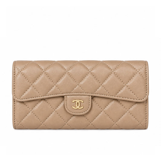 Chanel Classic Quilted Long Flap Wallet Beige detail view