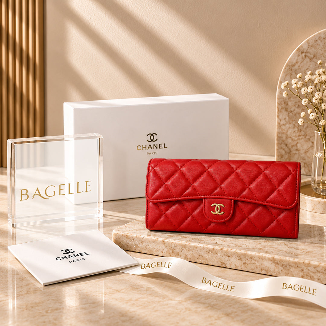 Chanel Classic Quilted Long Flap Wallet Red front view