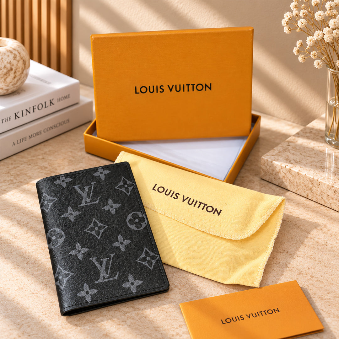 Louis Vuitton Monogram Eclipse Passport Cover – Black front view