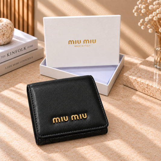 Miu Miu Leather Compact Wallet – Black front view