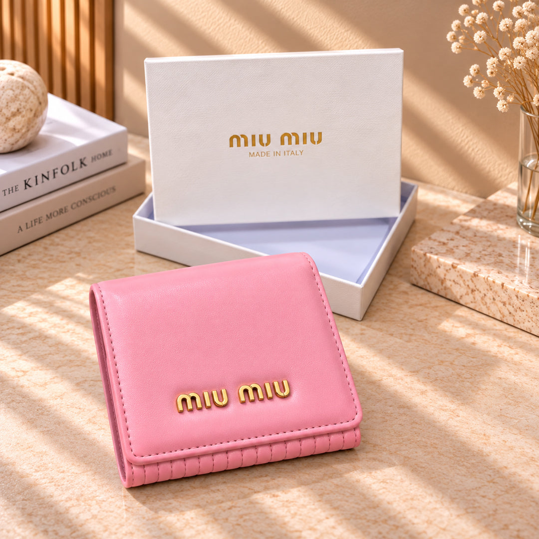 Miu Miu Leather Compact Wallet – Pink front view