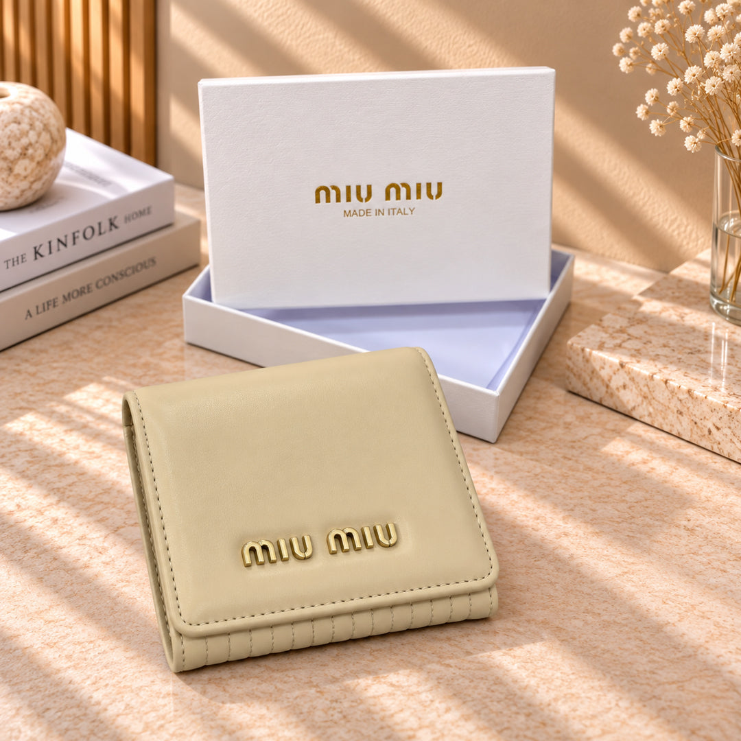Miu Miu Leather Compact Wallet – Beige front view