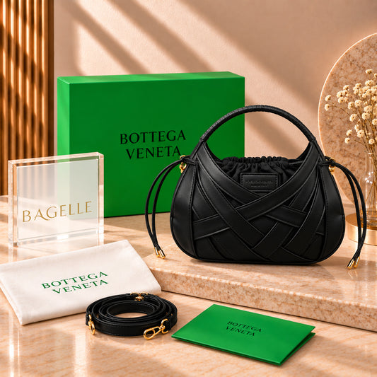 Bottega Veneta Woven Top Handle Bag Black front view