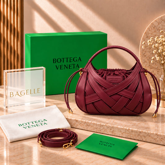Bottega Veneta Woven Top Handle Bag Burgundy front view
