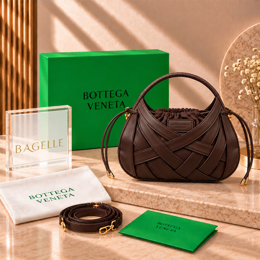 Bottega Veneta Woven Top Handle Bag Chocolate Brown front view