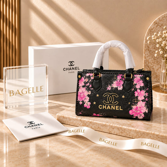 Chanel Pink Floral Print Tote Bag – Black front view