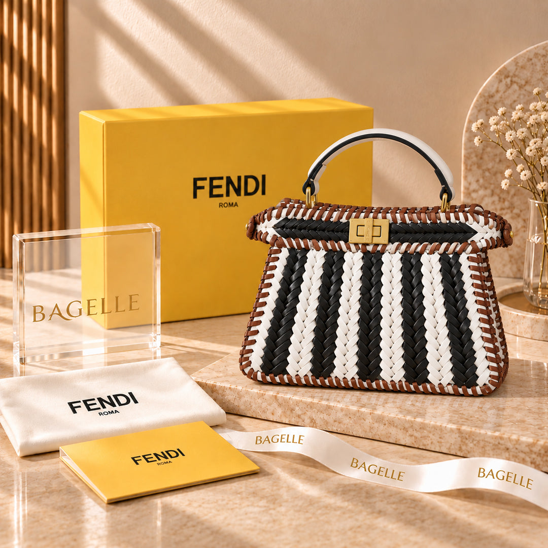 Fendi Woven Peekaboo Bag Black & White front view