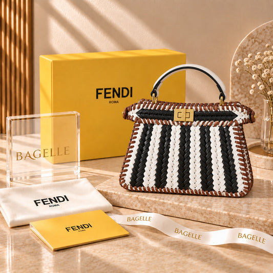 Fendi Woven Peekaboo Bag Black & White front view