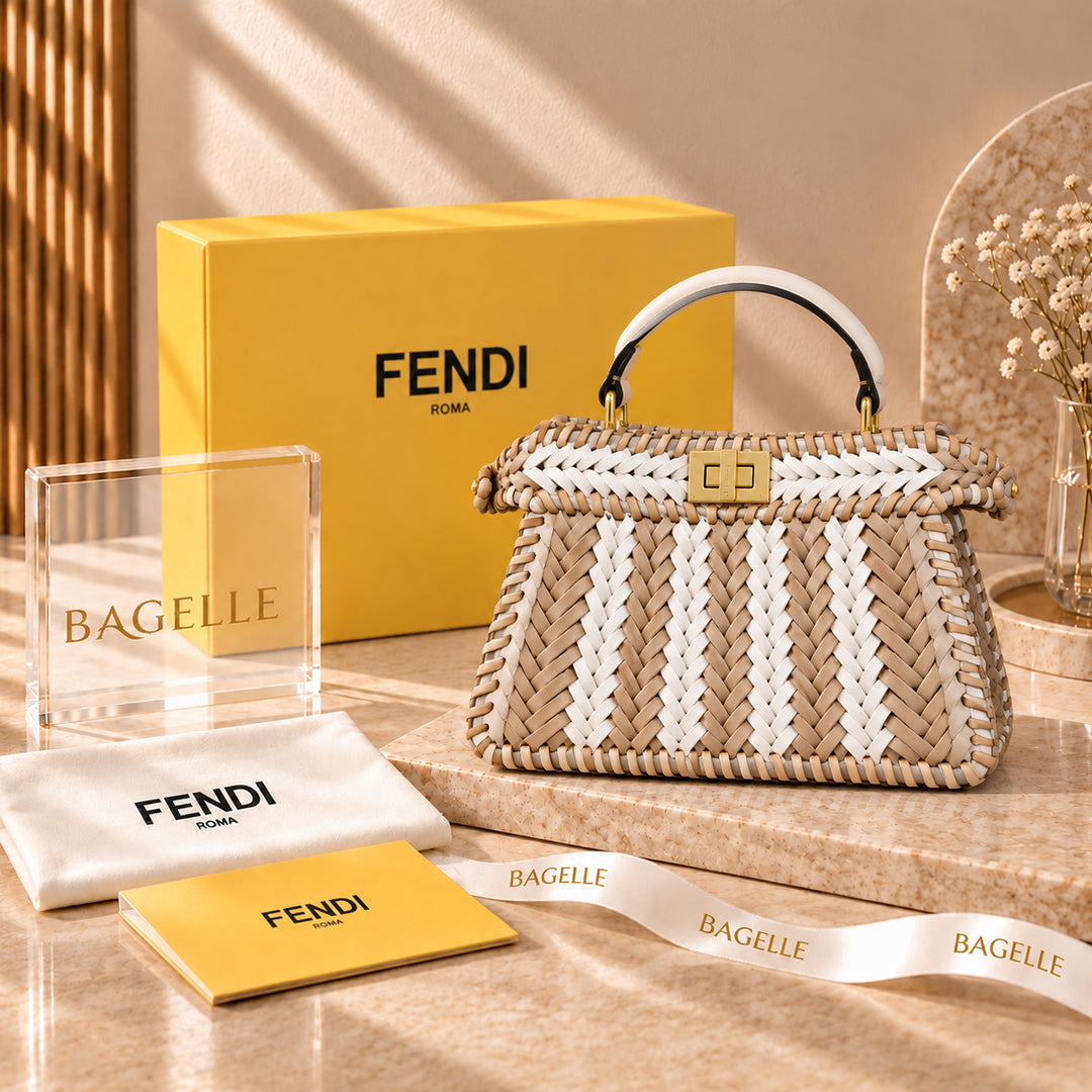 Fendi Woven Peekaboo Two Tone Bag Brown & White front view