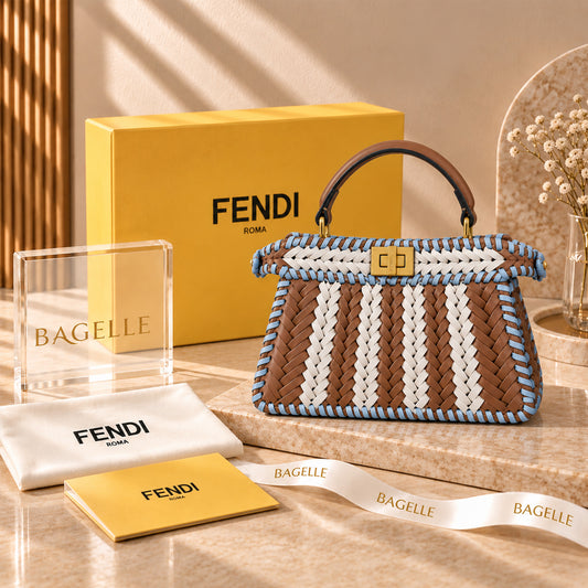 Fendi Woven Peekaboo Two Tone Bag Beige & White front view