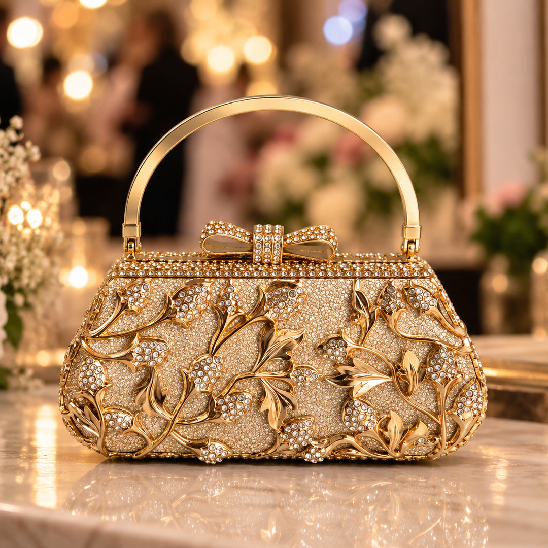 Golden Crystal Floral Evening Clutch front view