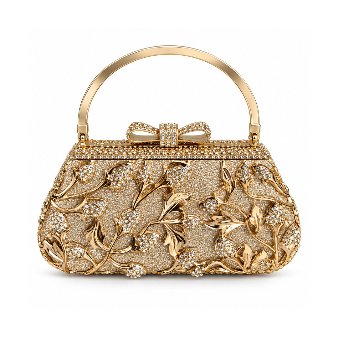 Golden Crystal Floral Evening Clutch detail view