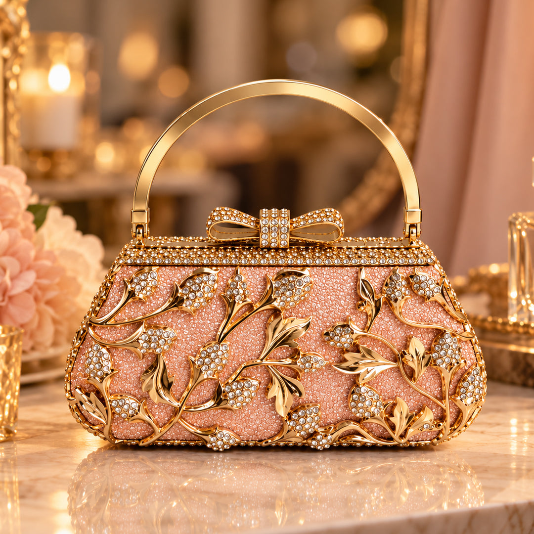 Peach Crystal Floral Evening Clutch front view