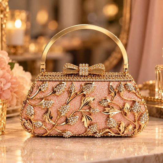Peach Crystal Floral Evening Clutch front view