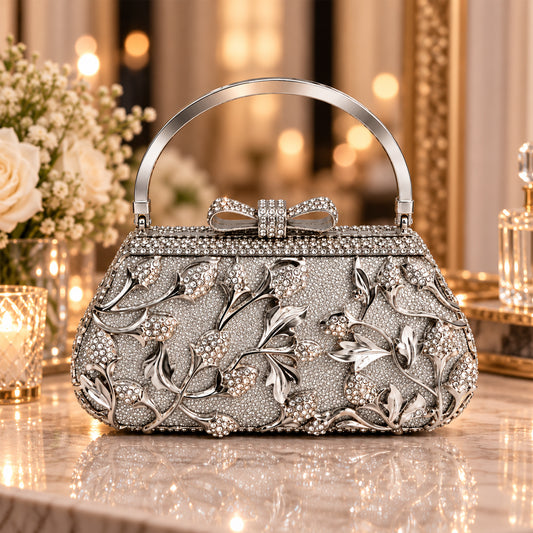 Silver Crystal Floral Evening Clutch front view