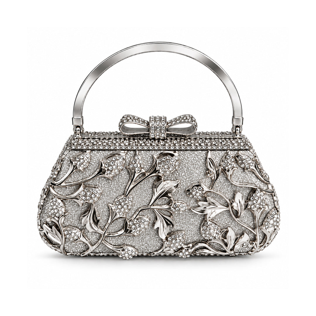 Silver Crystal Floral Evening Clutch detail view