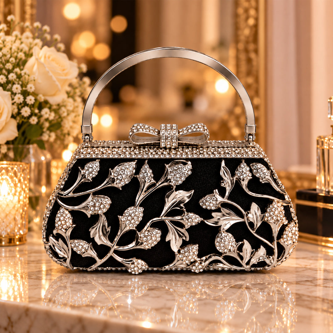 Black & Silver Crystal Floral Evening Clutch front view