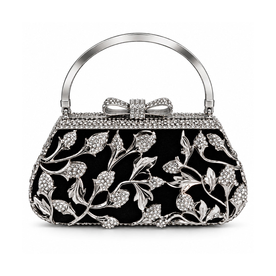 Black & Silver Crystal Floral Evening Clutch detail view
