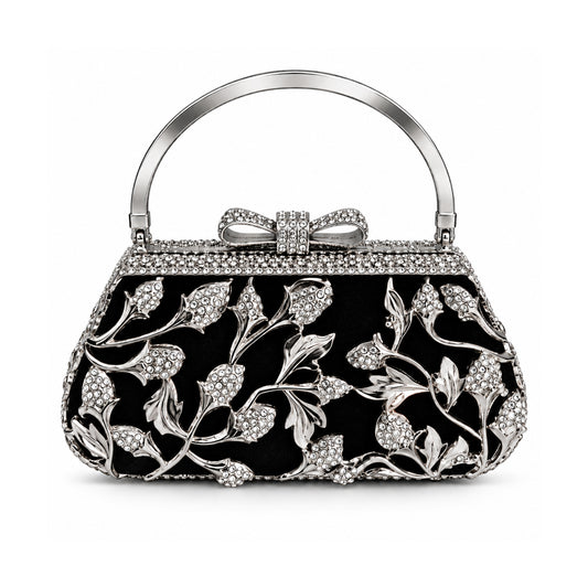 Black & Silver Crystal Floral Evening Clutch detail view
