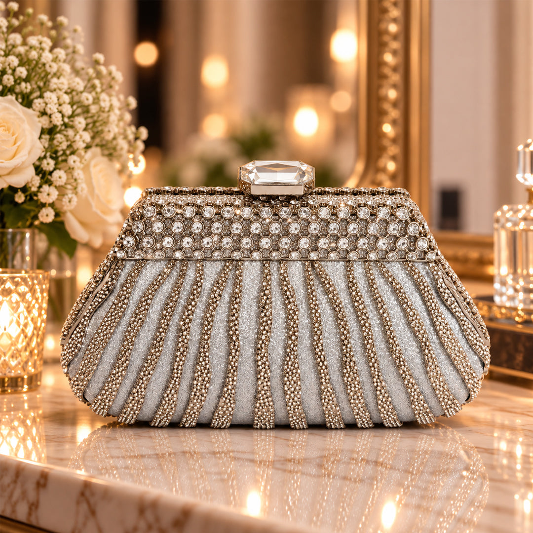 Crystal Pleated Evening Clutch – Silver front view