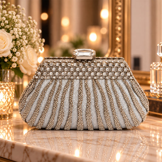 Crystal Pleated Evening Clutch – Silver front view