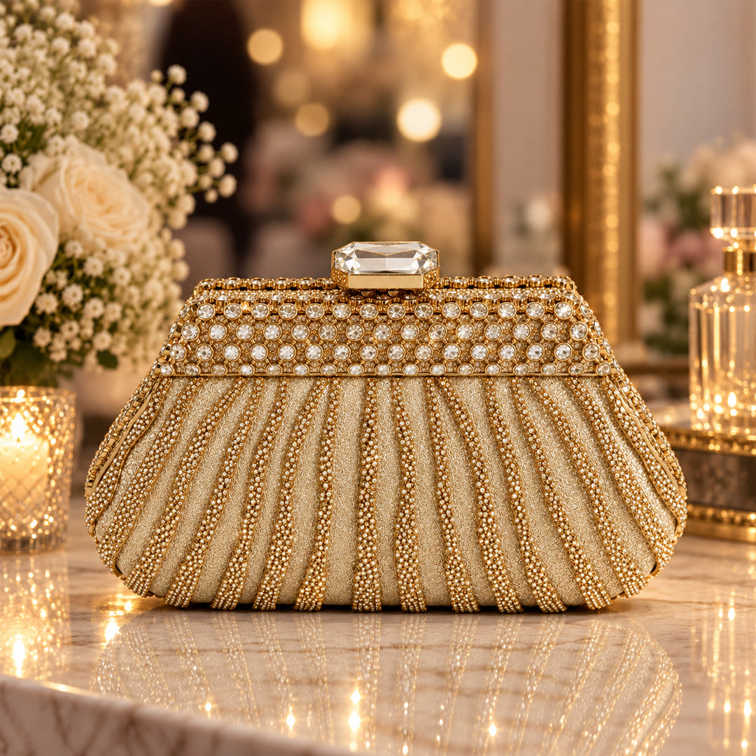 Crystal Pleated Evening Clutch – Gold front view