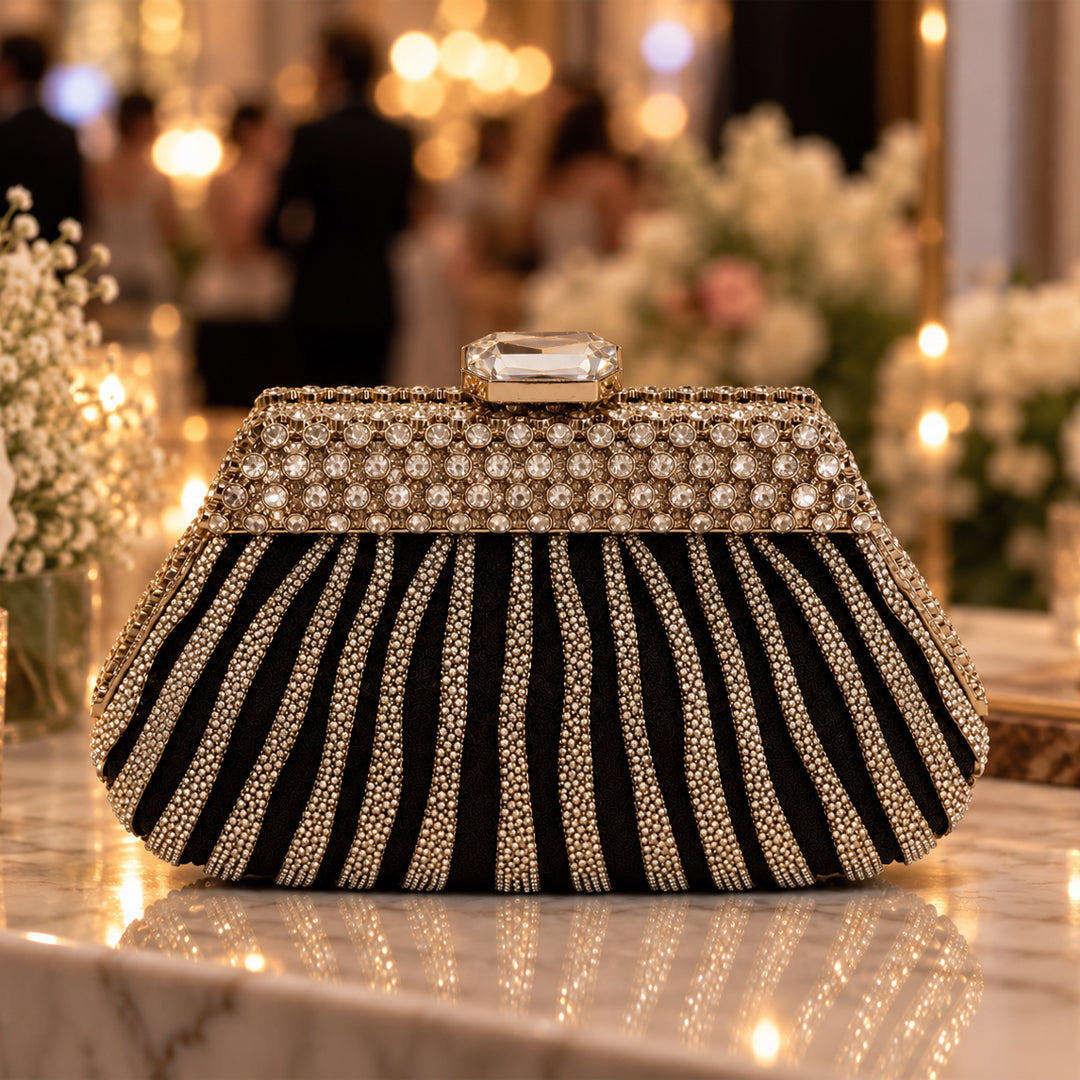 Crystal Pleated Evening Clutch – Black & Silver front view