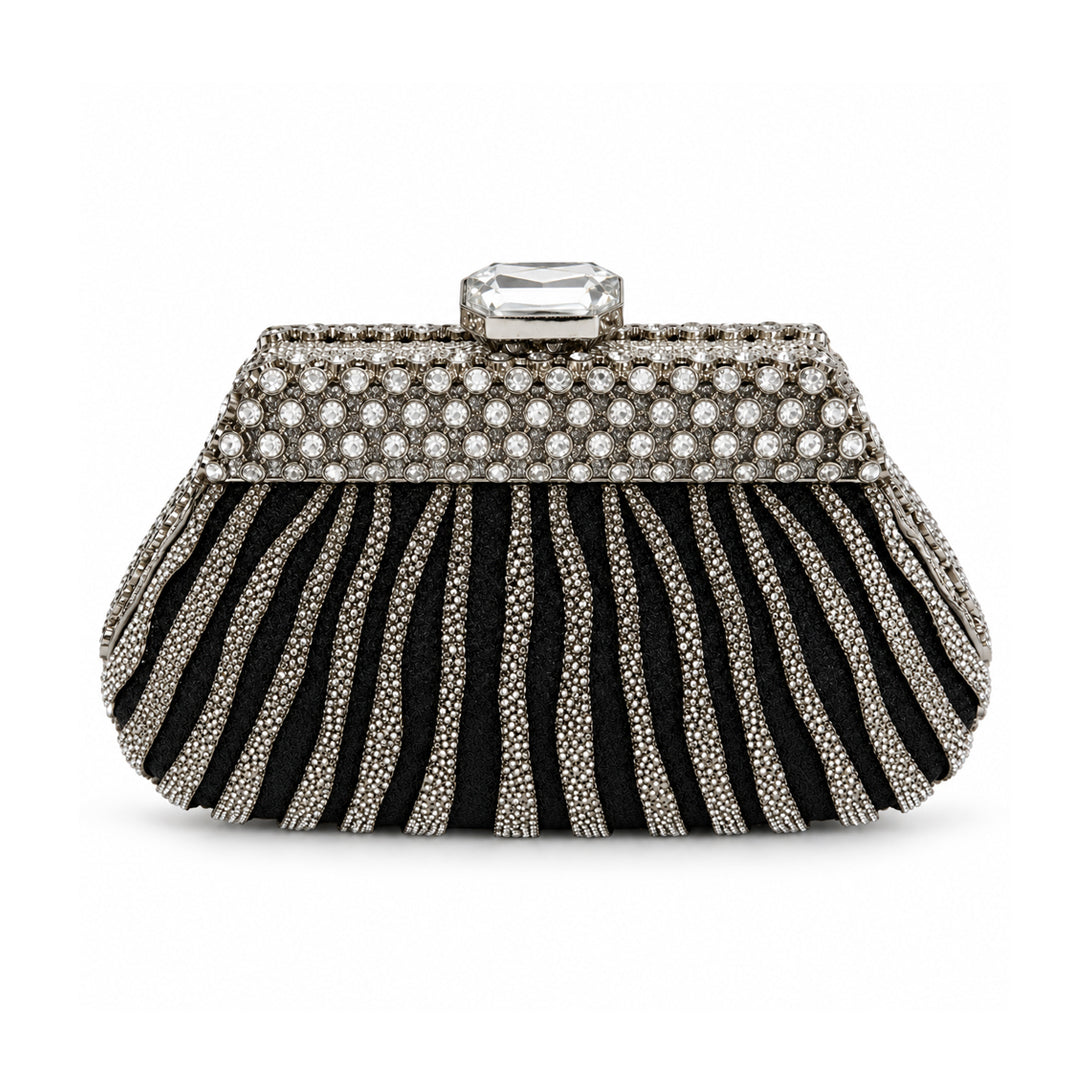 Crystal Pleated Evening Clutch – Black & Silver detail view