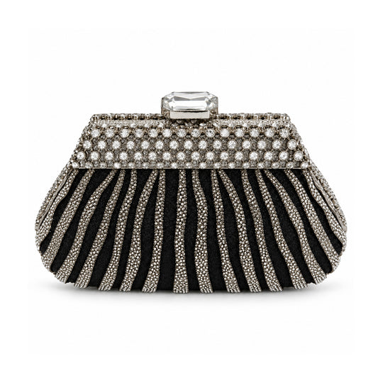 Crystal Pleated Evening Clutch – Black & Silver detail view