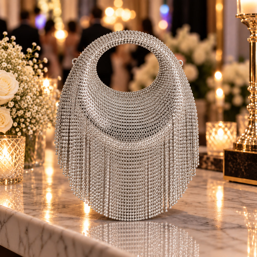 Crystal Fringe Evening Bag – Silver front view