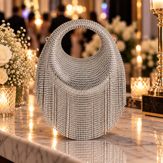 Crystal Fringe Evening Bag – Silver front view