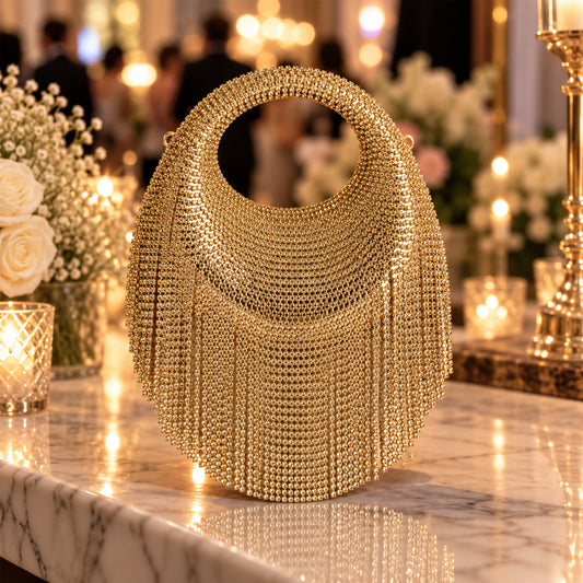 Crystal Fringe Evening Bag – Golden front view