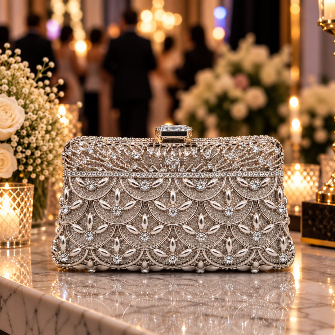 Silver Crystal Scallop Evening Clutch front view