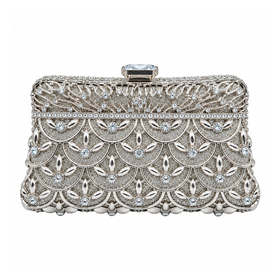 Silver Crystal Scallop Evening Clutch detail view