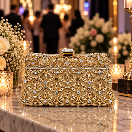 Golden Crystal Scallop Evening Clutch front view