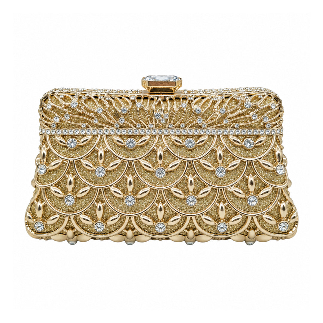 Golden Crystal Scallop Evening Clutch detail view