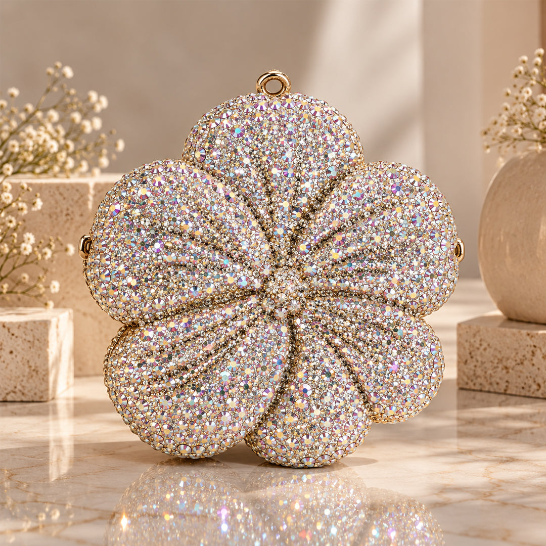 Iridescent Crystal Flower Clutch front view